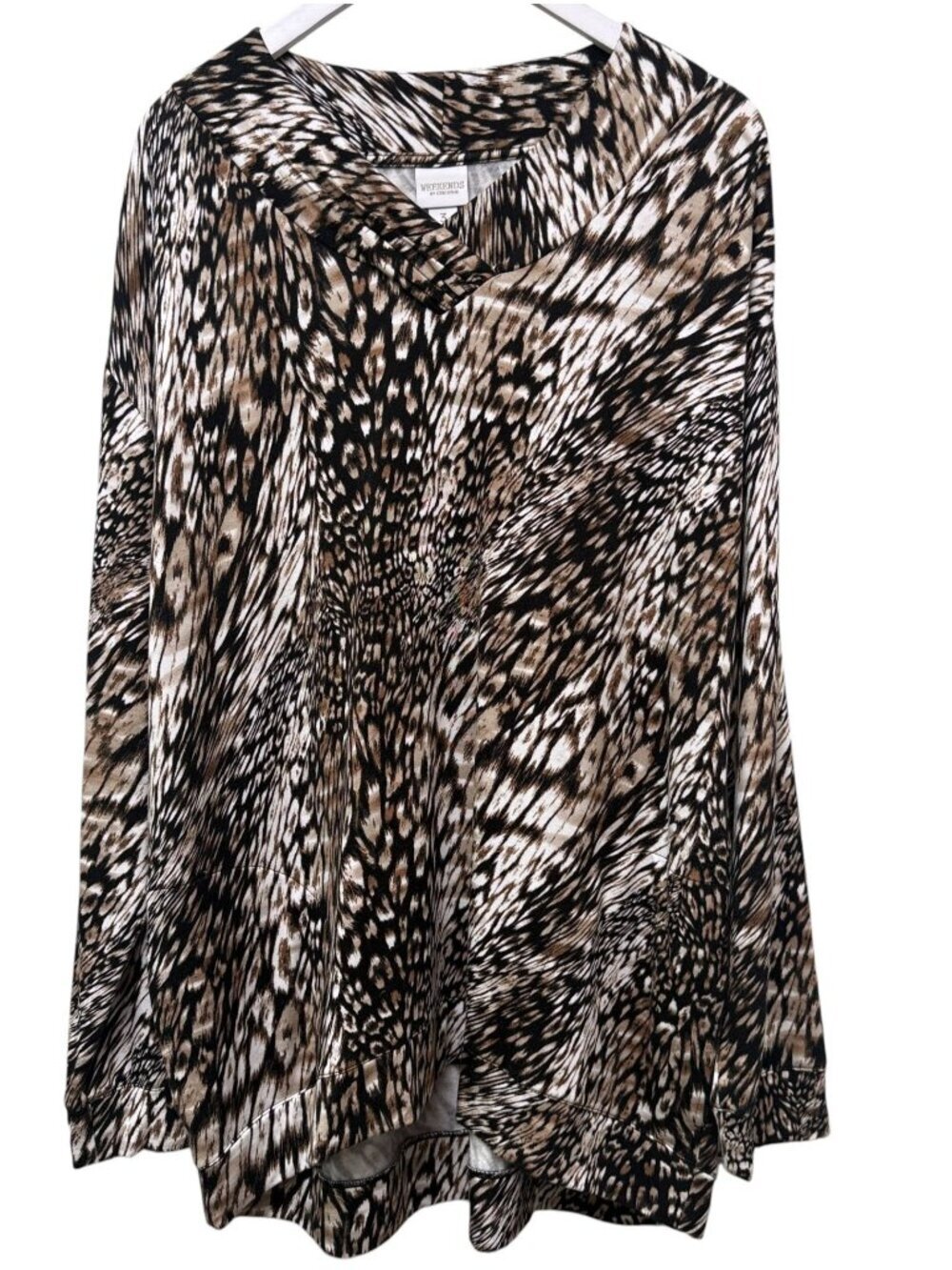 CHICO'S Weekends Leopard Top XL Black V-neck Soft Sweatshirt Pullover w/ Pockets